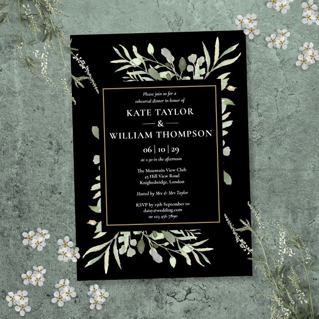 Black And Gold Greenery Rehearsal Dinner Invitation (Black And Gold Greenery Rehearsal Dinner Invitation)