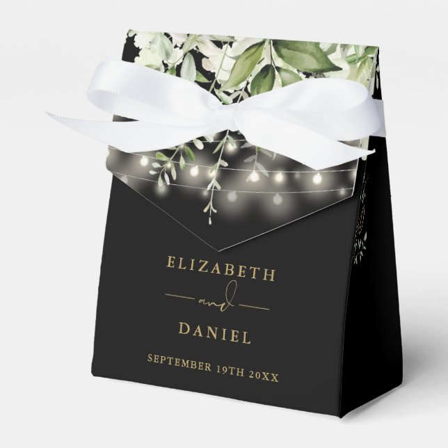 Black And Gold Greenery String Lights Wedding Favour Box (Front Side)