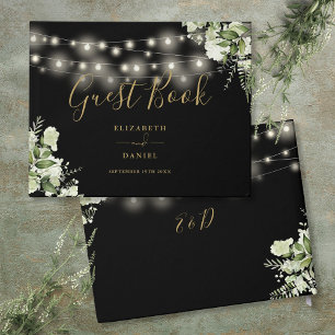 Black And Gold Greenery String Lights Wedding Guest Book