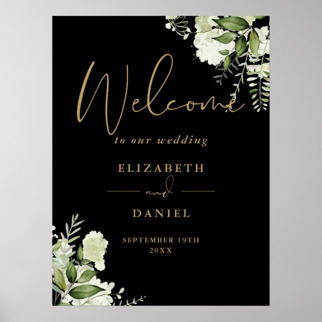 Black And Gold Greenery Wedding Welcome Sign (Front)