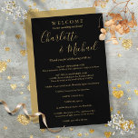 Black And Gold Guest Wedding Weekend Program<br><div class="desc">Elegant black and gold signature script wedding weekend program featuring signature style names. Personalise with your wedding weekend details set in chic white lettering. Designed by Thisisnotme©</div>