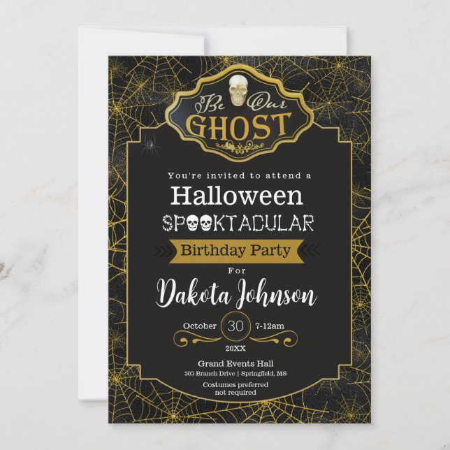 Black and Gold Halloween Birthday Party invitation (Front)