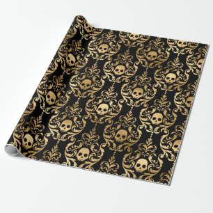 Black and Gold Halloween Damask Wrapping Paper