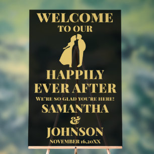 Black and Gold Happily Ever After Wedding Welcome Acrylic Sign