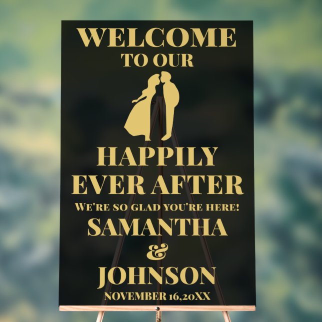 Black and Gold Happily Ever After Wedding Welcome Acrylic Sign (Neutral)