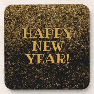 Black and Gold Happy New Year Gold Confetti Coaster