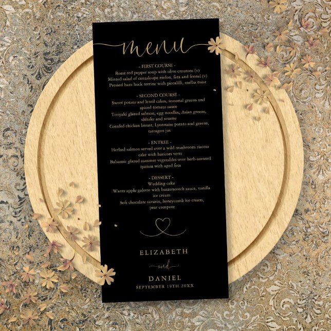 Black And Gold Heart Script Wedding Dinner Menu (Black And Gold Heart Script Wedding Dinner Menu)