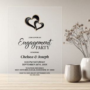 Black and Gold Hearts Engagement Party Acrylic Invitations