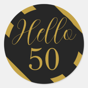 Black and Gold Hello 50 Diagonal Stripe Classic Round Sticker
