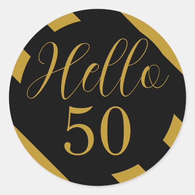 Black and Gold Hello 50 Diagonal Stripe Classic Round Sticker (Front)