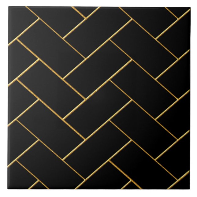 Black and Gold Herringbone Design Ceramic Tile. Ceramic Tile (Front)