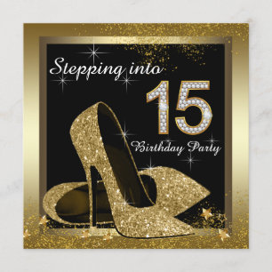 Black and Gold High Heel Shoe Quinceañera Invitation
