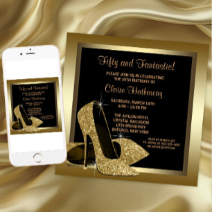 Black and Gold High Heels Womans 50th Birthday Invitation