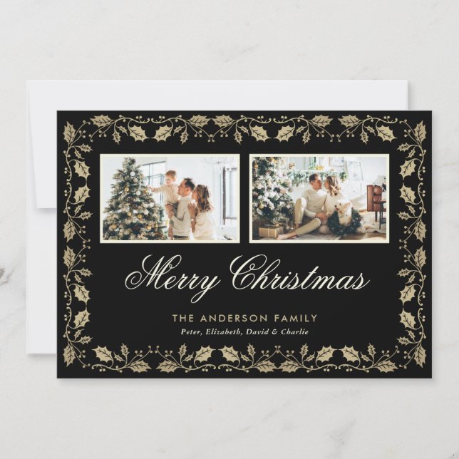 Black and Gold Holly 2 Photo Christmas Card (Front)