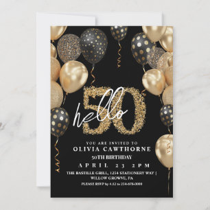 Black and gold Hot Air Balloon 50th Birthday Invitation