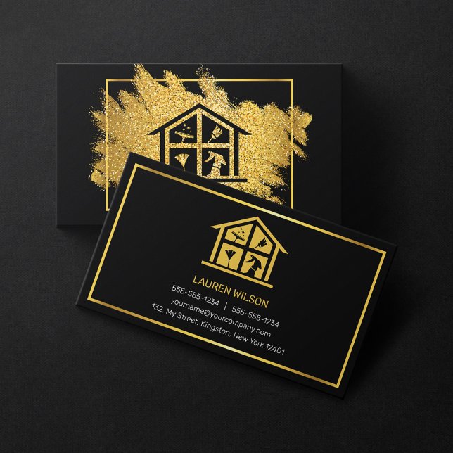 Black and Gold House Cleaning Glitter Sparkle  Business Card (Creator Uploaded)