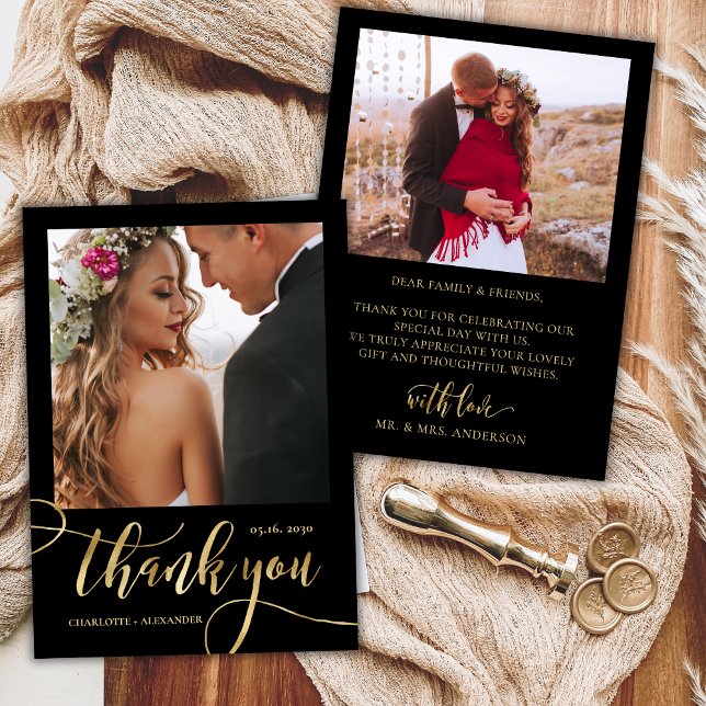 Black and Gold Huge Gold Script 2 Photo Wedding  Thank You Card (Creator Uploaded)
