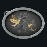 Black and Gold Hummingbird Belt Buckle<br><div class="desc">Black and gold jewellery hummingbirds on grey background decorated with plants. Jewellery birds. Golden bird. Gold bird.</div>