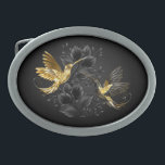 Black and Gold Hummingbird Belt Buckle<br><div class="desc">Black and gold jewellery hummingbirds on grey background decorated with plants. Jewellery birds. Golden bird. Gold bird.</div>