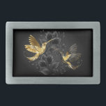 Black and Gold Hummingbird Belt Buckle<br><div class="desc">Black and gold jewellery hummingbirds on grey background decorated with plants. Jewellery birds. Golden bird. Gold bird.</div>