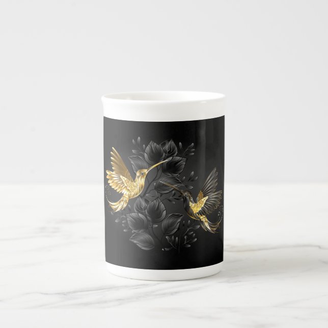 Black and Gold Hummingbird Bone China Mug (Front)