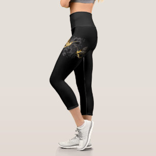 Black and Gold Hummingbird Capri Leggings