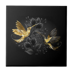 Black and Gold Hummingbird Ceramic Tile