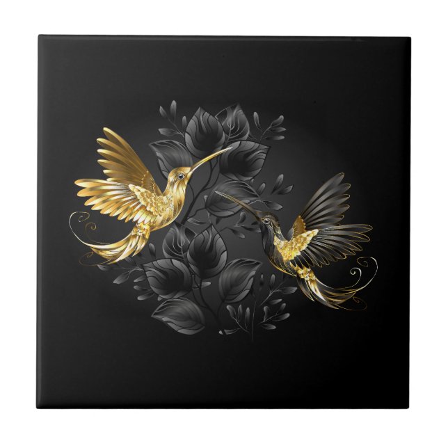 Black and Gold Hummingbird Ceramic Tile (Front)