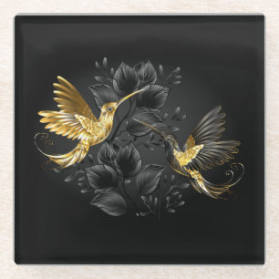 Black and Gold Hummingbird Glass Coaster