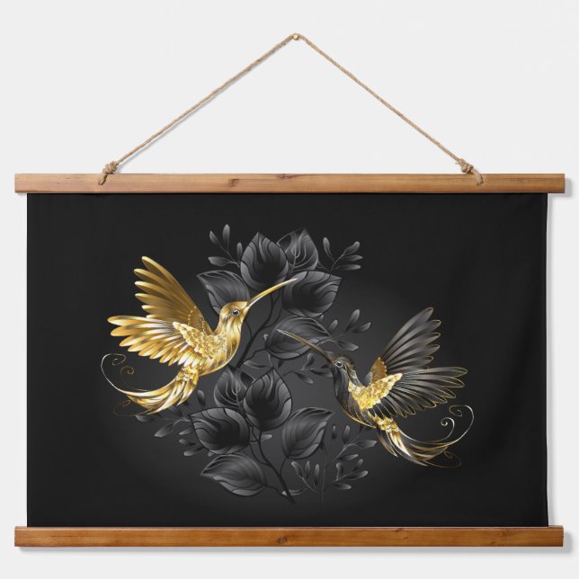 Black and Gold Hummingbird Hanging Tapestry (Front)