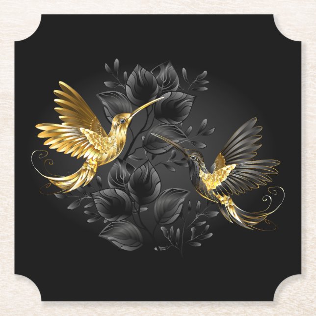 Black and Gold Hummingbird Paper Coaster (Front)