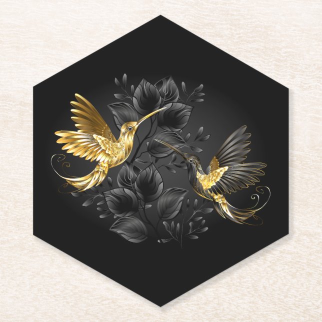 Black and Gold Hummingbird Paper Coaster (Front)