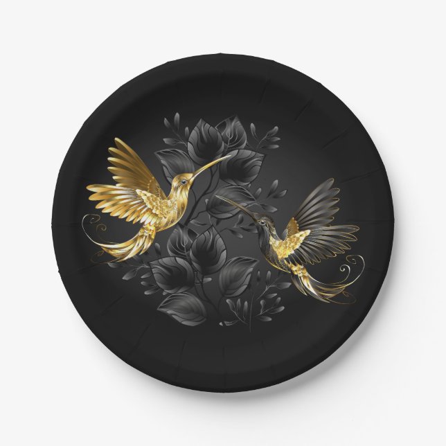 Black and Gold Hummingbird Paper Plate (Front)