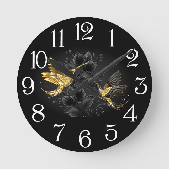 Black and Gold Hummingbird Round Clock (Front)