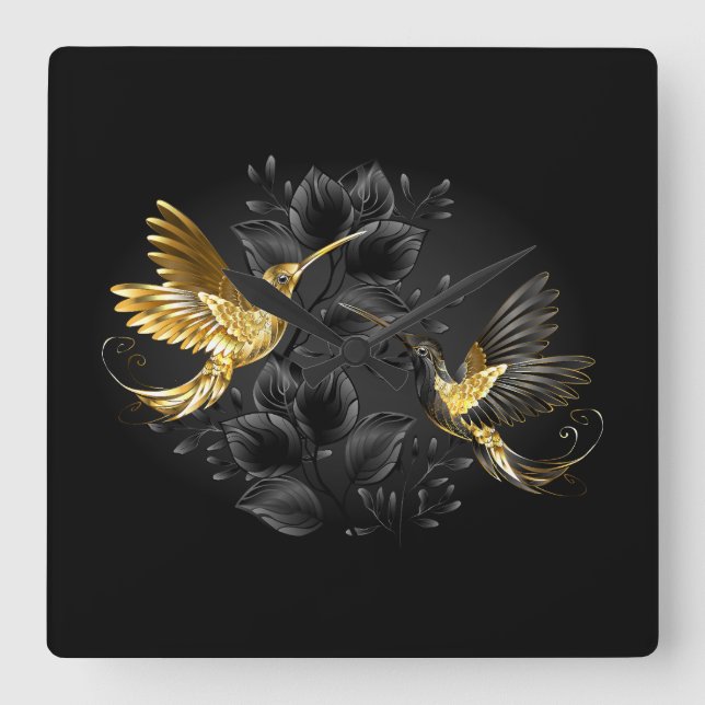 Black and Gold Hummingbird Square Wall Clock (Front)