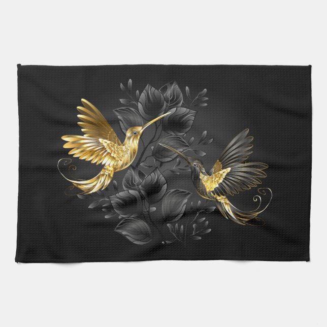 Black and Gold Hummingbird Tea Towel (Horizontal)