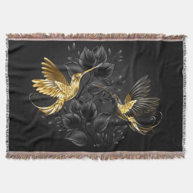 Black and Gold Hummingbird Throw Blanket (Front)