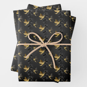 Black and Gold Hummingbird Wrapping Paper Sheet