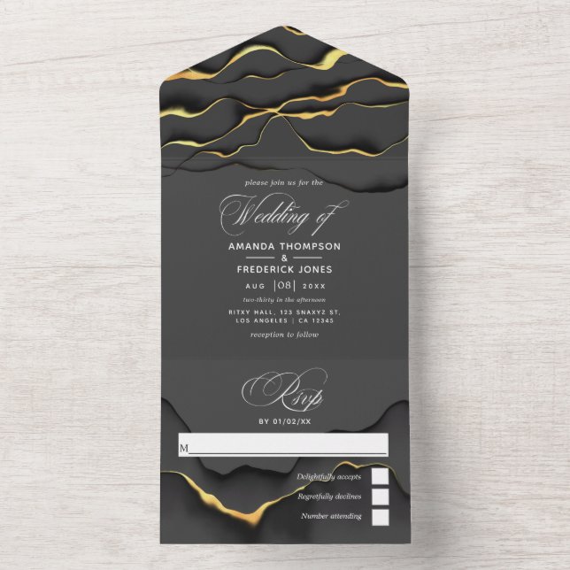 Black and Gold Ink Wedding All In One Invitation (Inside)