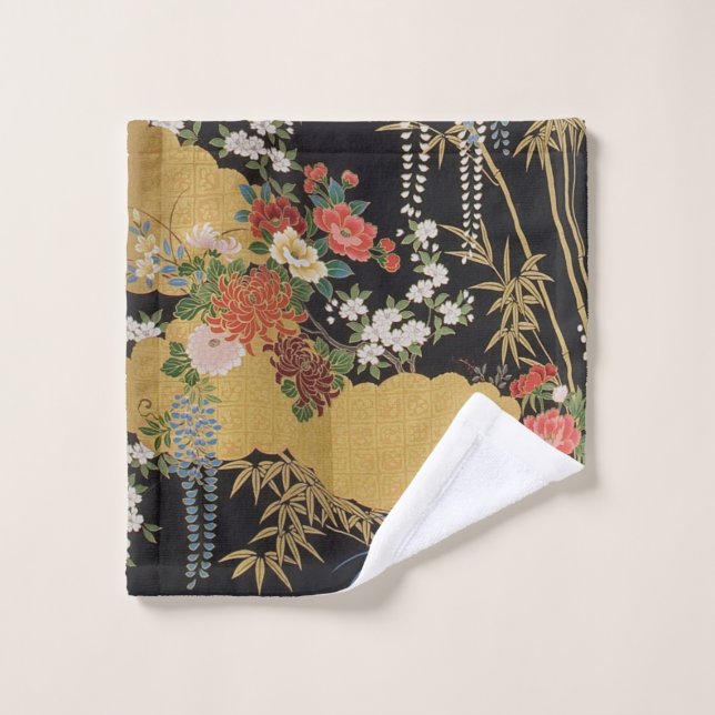 Black and Gold Japanese Kimono Floral Luxury  Wash Cloth (Wash Cloth)