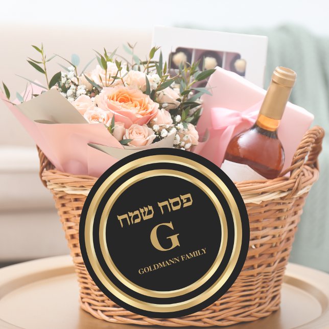 Black and Gold Jewish Monogram Passover  Classic Round Sticker (Creator Uploaded)