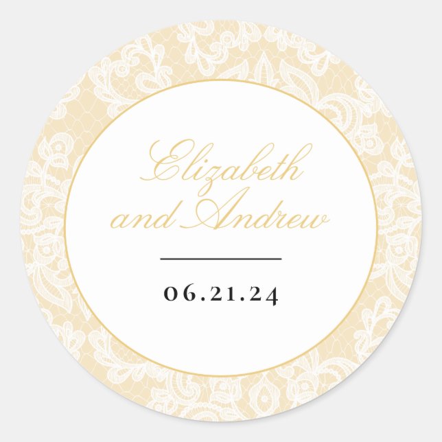 Black and Gold Lace Elegant Script Wedding Classic Round Sticker (Front)