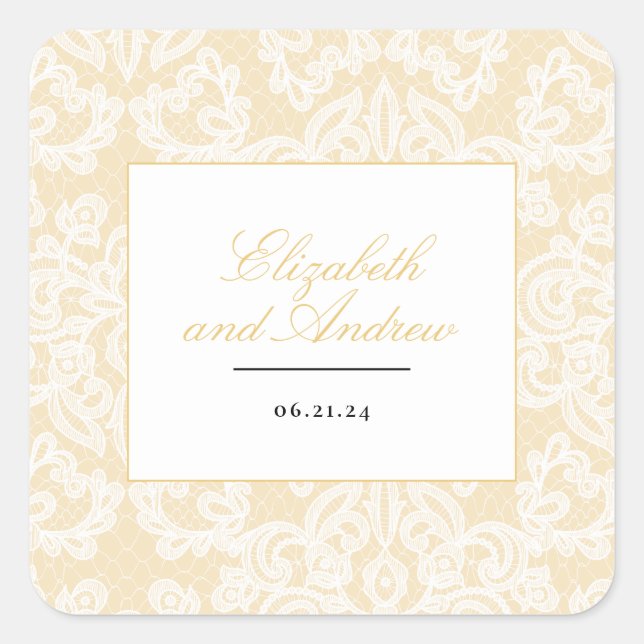 Black and Gold Lace Elegant Script Wedding Square Sticker (Front)