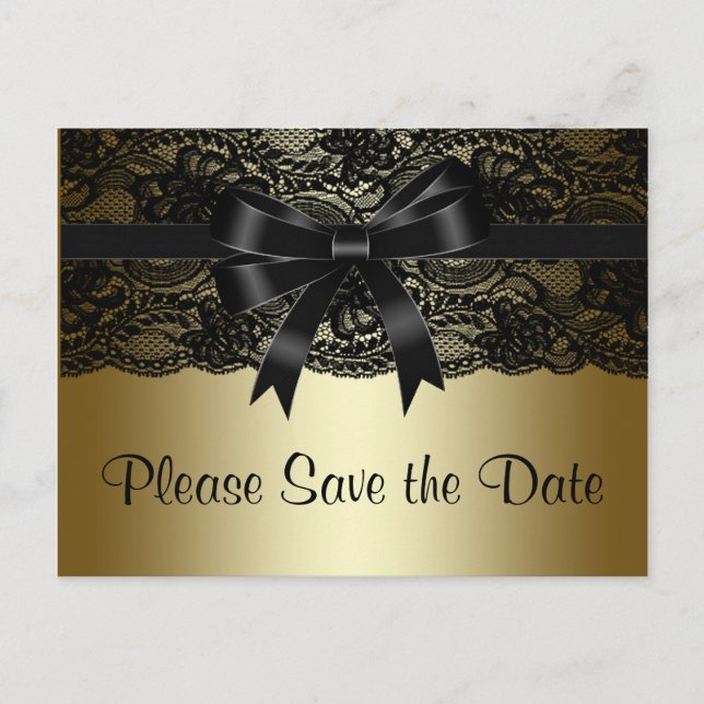 Black and Gold Lace Save The Date Announcement Postcard (Front)