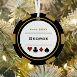 Black And Gold Las Vegas Poker Chip Christmas Metal Tree Decoration<br><div class="desc">Looking for a gift for your favourite gambler? Give them this fun black and gold casino poker chip Christmas ornament. Personalise it with their name and year for an extra personal touch!</div>