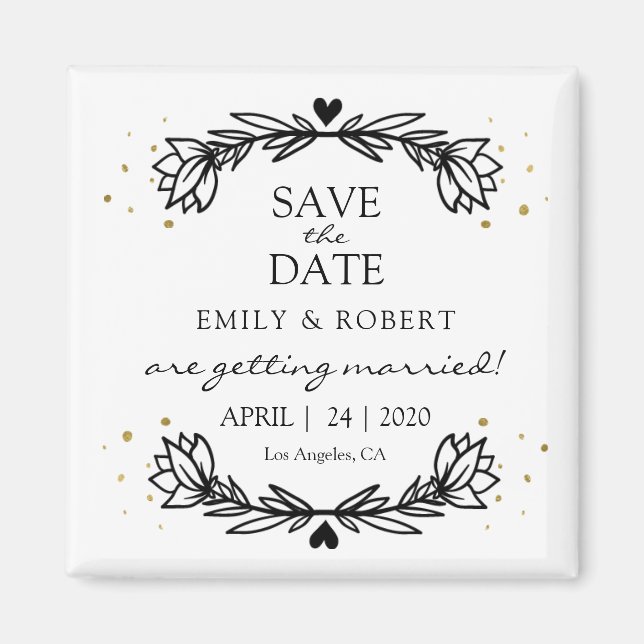 Black and Gold Laurel Save the Date Wedding Magnet (Front)