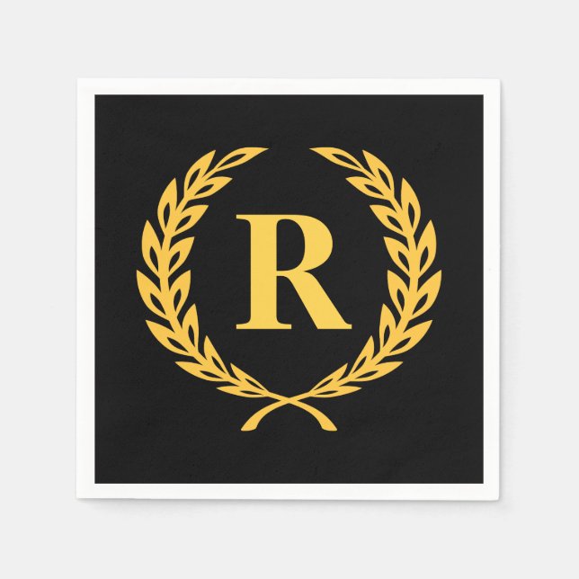 Black and Gold Laurel Wreath Monogram Napkin (Front)