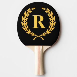 Black and Gold Laurel Wreath Monogram Ping Pong Paddle