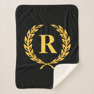 Black and Gold Laurel Wreath Monogram Sherpa Blanket