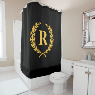 Black and Gold Laurel Wreath Monogram Shower Curtain